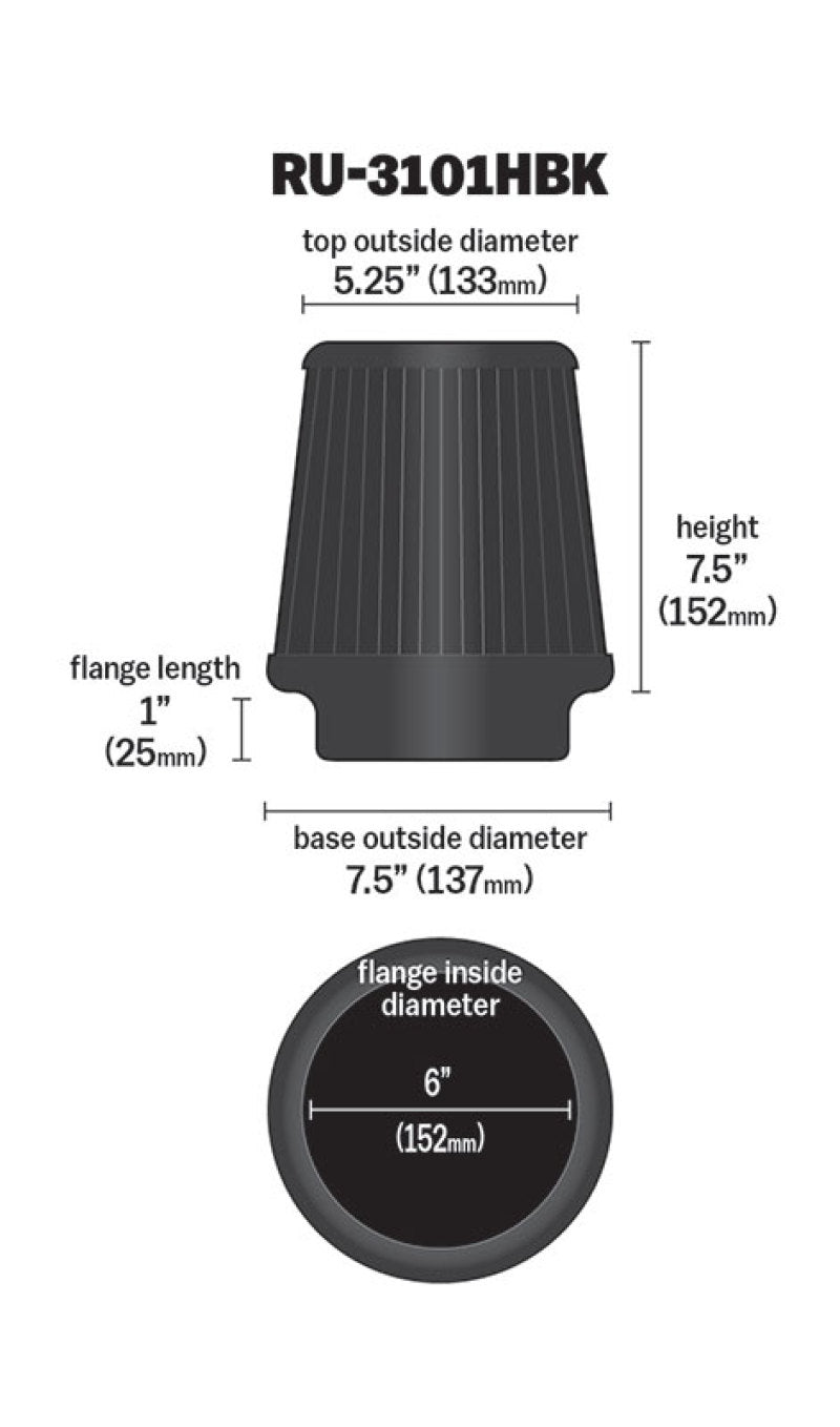 K&N Universal Rubber Filter Round Tapered 6in Flange ID x 7.5in Base OD x 5.25in Top OD x 8in Height