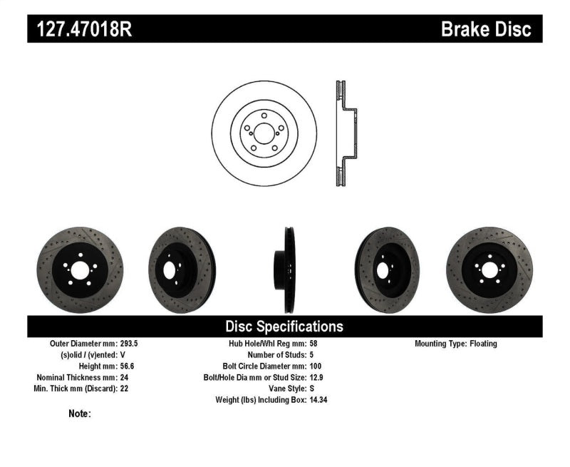 StopTech 02-10 Subaru WRX Slotted & Drilled Right Front Rotor (exc. STi)