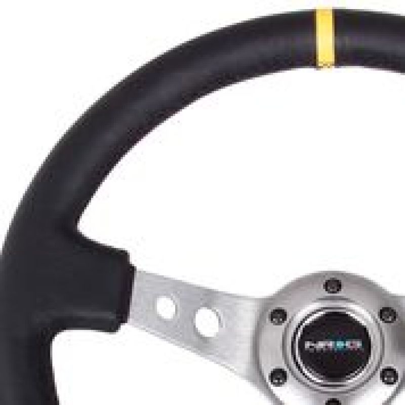 NRG Reinforced Steering Wheel (350mm / 3in. Deep) Blk Leather w/Gunmetal Cutout Spoke & Yellow CM