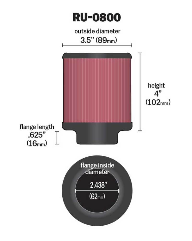 K&N Universal Air Filter - 2-7/16in Flange x 3-1/2in OD x 4in Height