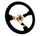 NRG Reinforced Steering Wheel (350mm / 3in. Deep) Blk Suede w/Red BBall Stitch & Chrome Gold 3-Spoke